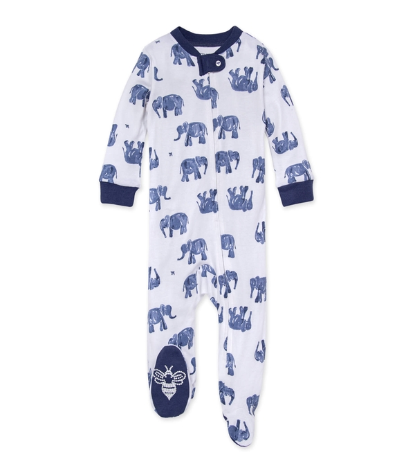 Blue  Elephants  Zip Front Loose Fit Footed Pajamas front 