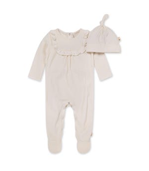 Velour Organic Baby Ruffle Footed Jumpsuit & Hat Set