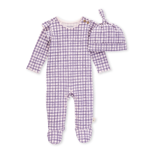 Micro Gingham Organic Baby Girl Footed Jumpsuit & Knot Top Hat Set