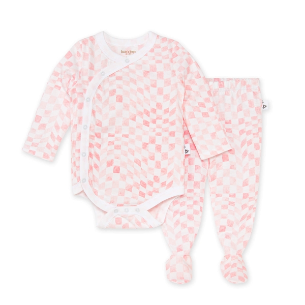 Wavy Check Wrap Front Bodysuit & Footed Pant Set - Pink Pearl