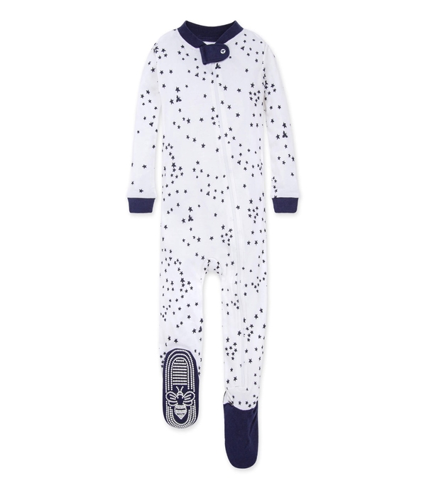 Twinkle Bee Star PrintZip Front Snug Fit Footed Pajamas midnight blue front 