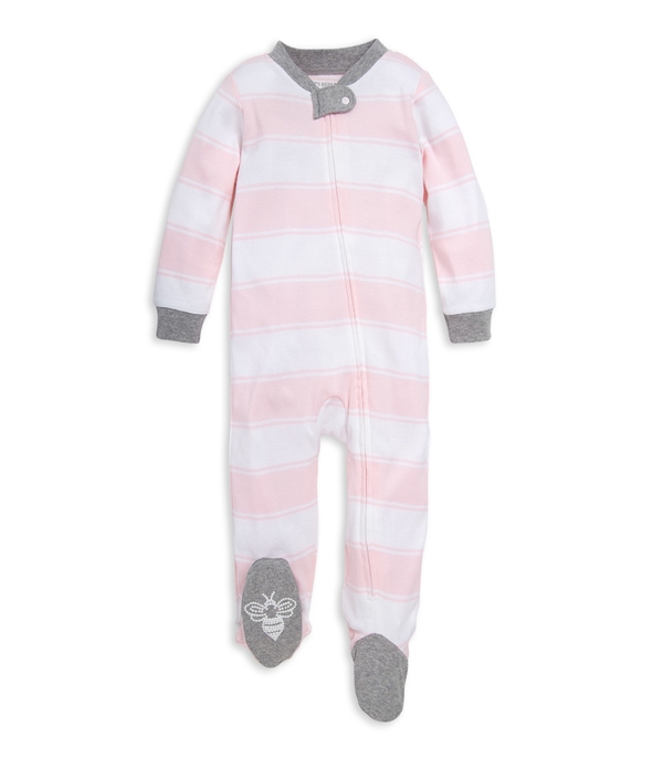Rugby Stripe Organic Cotton Zip Front Loose Fit Footed Pajamas pink front