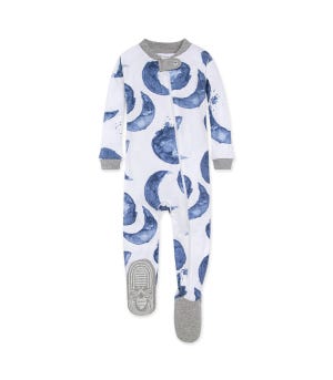 Watercolor Hello Moon! Organic Baby Zip Front Footed Pajamas
