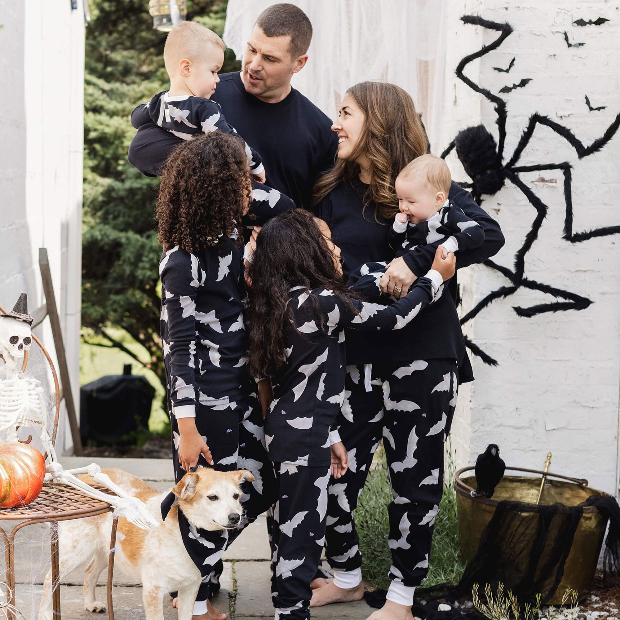 Family and dog wearing BATS! Halloween organic cotton matching pajamas